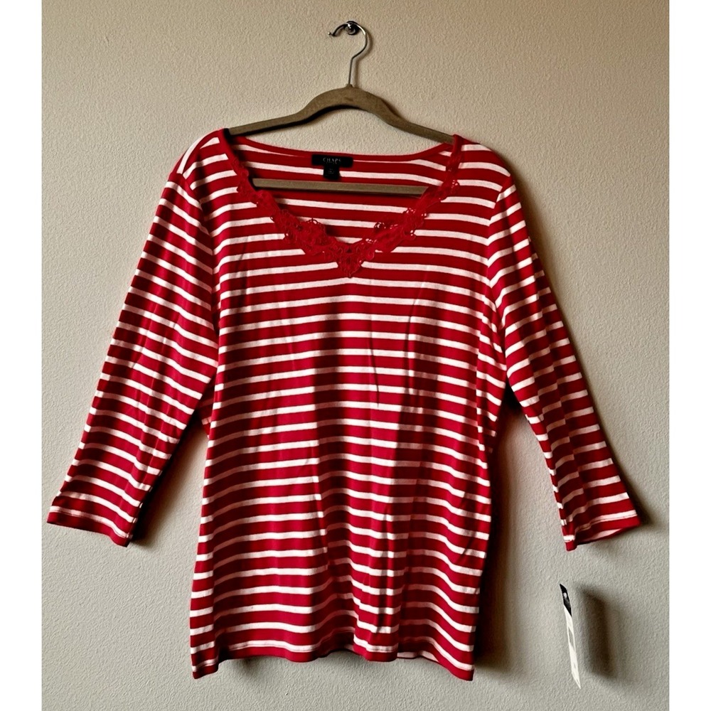 Chaps Lace Neck Pullover Top 3/4 Sleeve Striped Hot Pink Womens Size 1X NWT B24